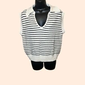 Knitted Oversized Black & Biege Striped V-Neck Sweater Vest